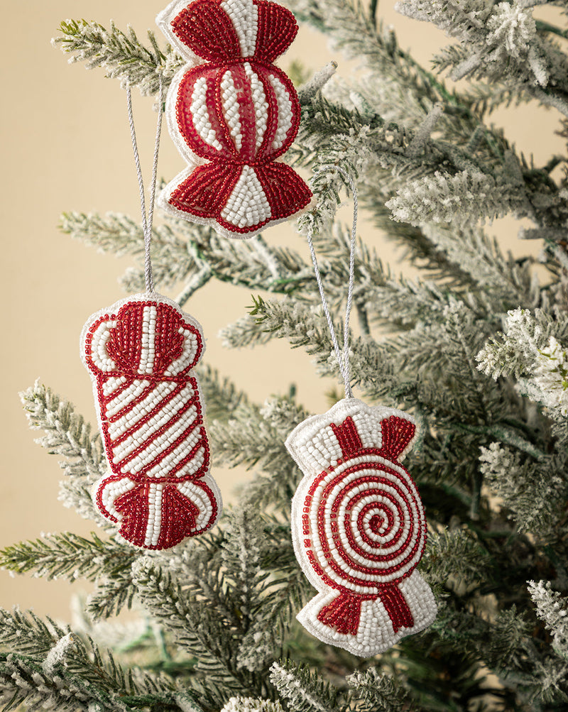 Handmade Beaded Candy Fabric Ornaments (Set of 3) 0